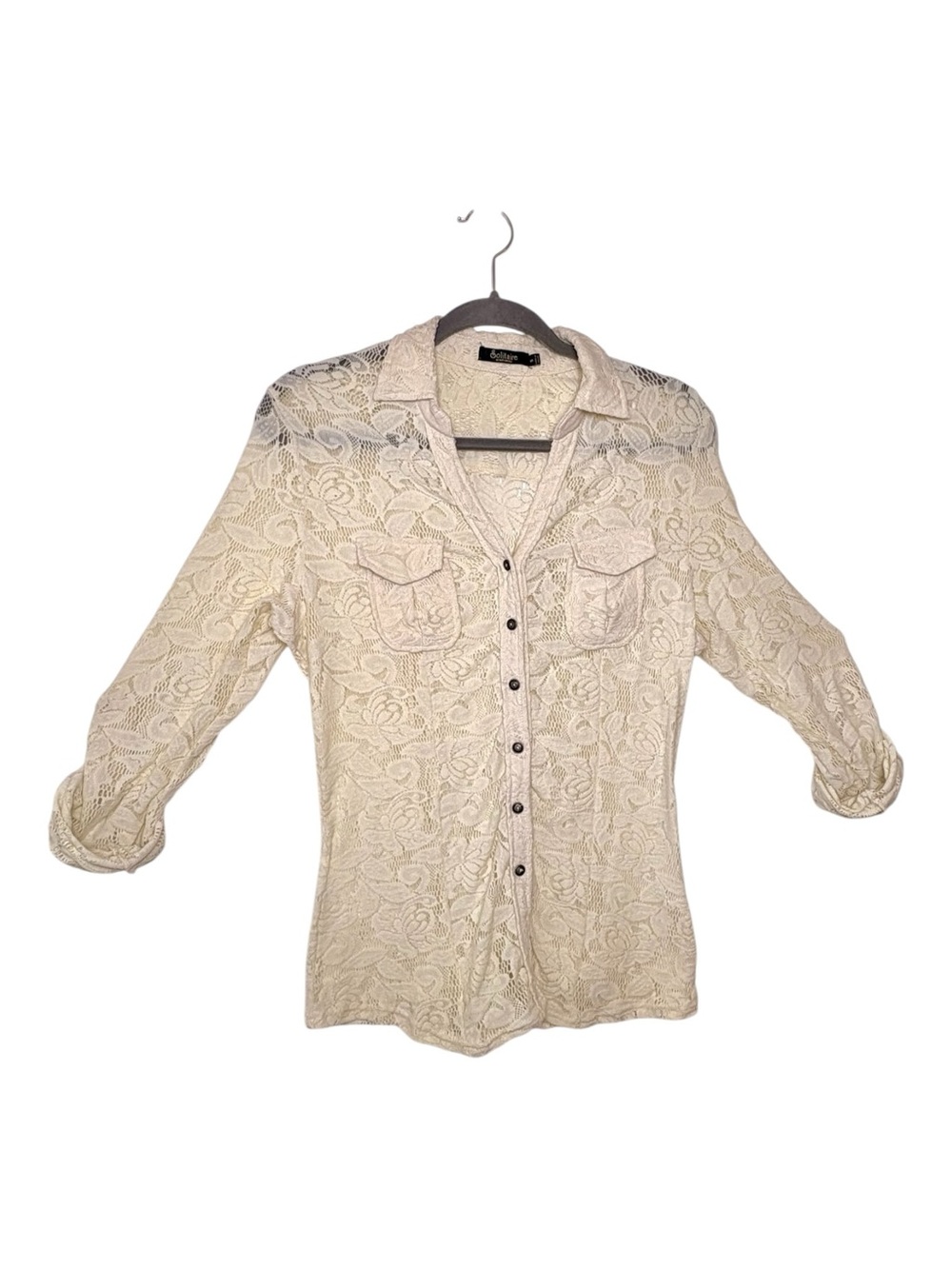 Solitaire Lace Button Front Top Cream Boho Western Romantic Blouse Small